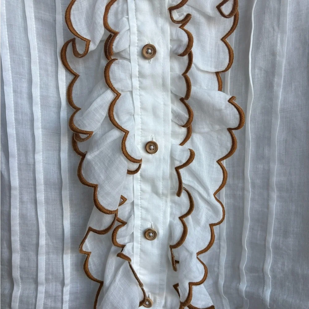 Zimmermann White Blouse Ruffle and Brown Embroidered Trim, Size 0 XS - Picture 9 of 11